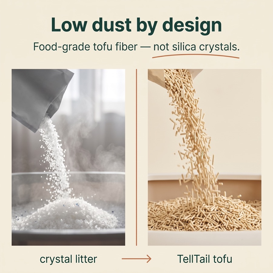 Low dust by design — made from food-grade tofu fiber, not silica crystals, so there is no dusty cloud when you pour.