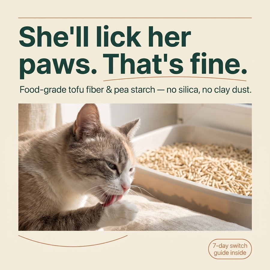 Safe if she licks her paws — food-grade tofu fiber and pea starch, with no silica and no clay dust.